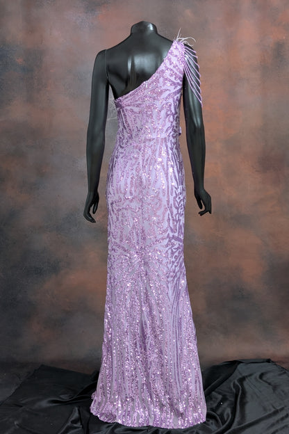 Lilac Feather-Trimmed Sequin Evening Gown