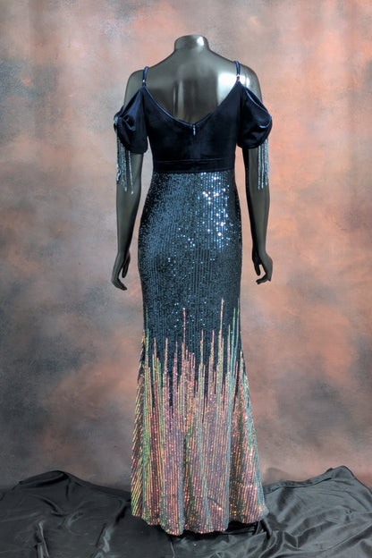 Midnight Blue Velvet & Sequin Fringe Gown