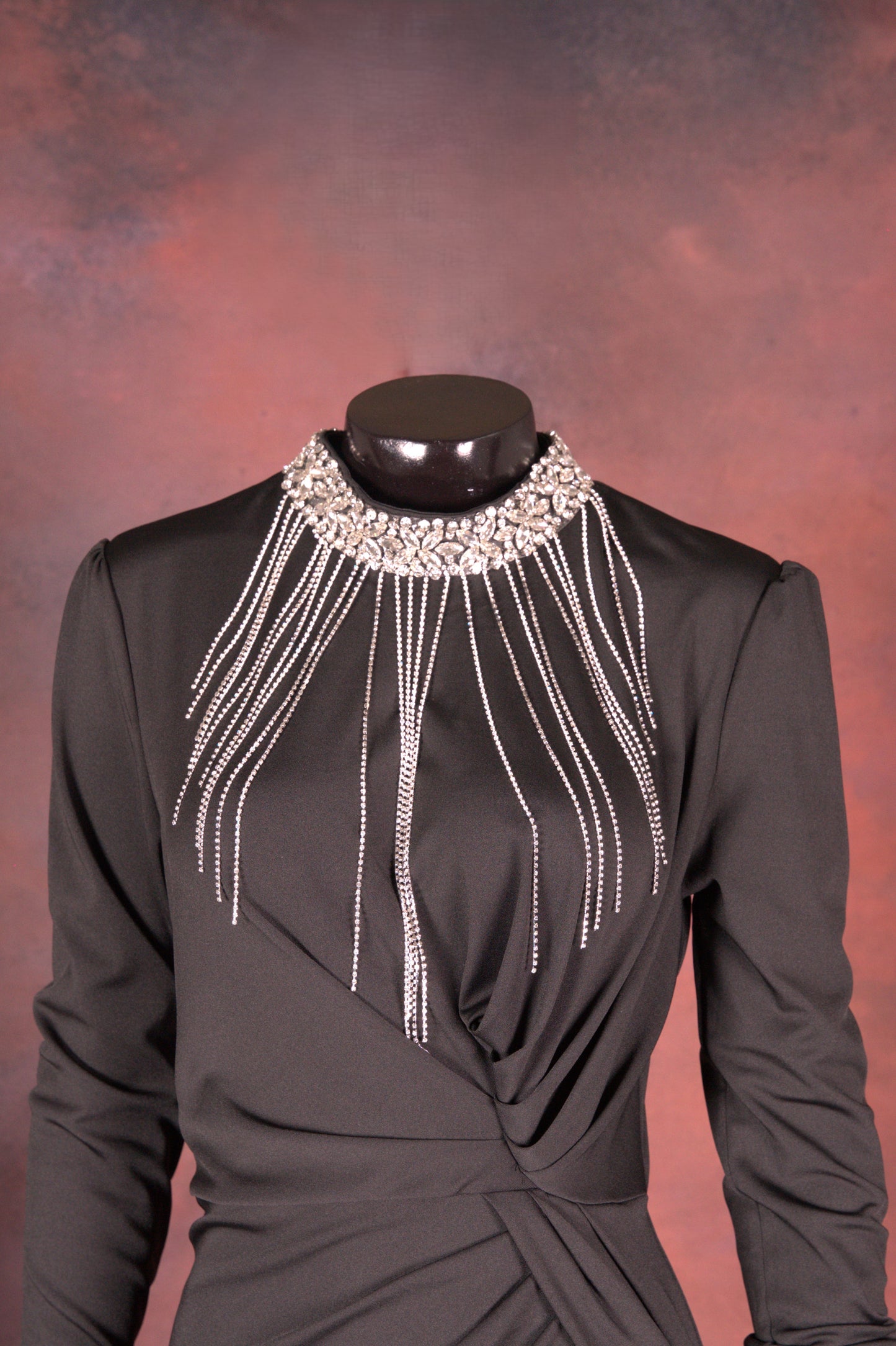 Black Ruched Evening Gown with Statement Neckline