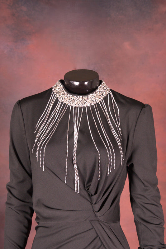 Black Ruched Evening Gown with Statement Neckline