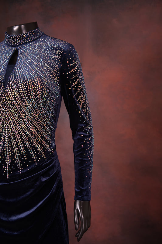 Navy Velvet Embellished High Neck Gown