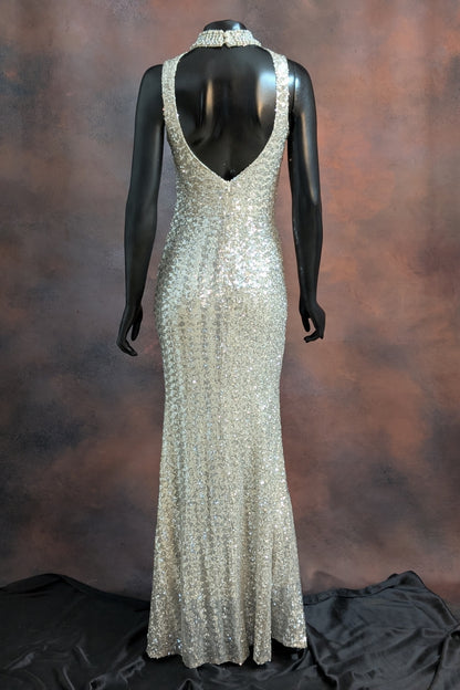 Pearl-Embellished Halter Neck Sequin Evening Gown