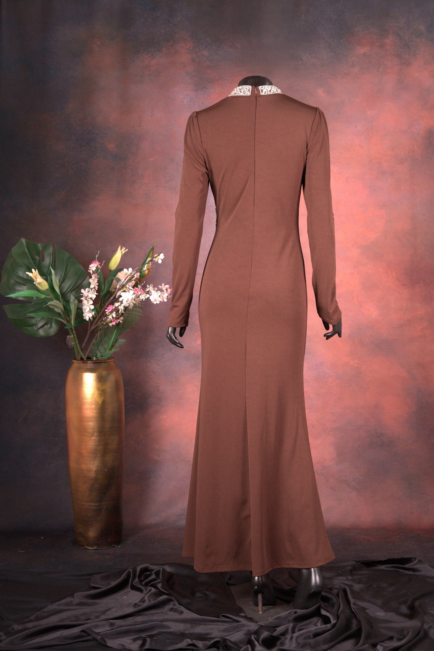 Chocolate Brown Ruched Evening Gown with Statement Neckline