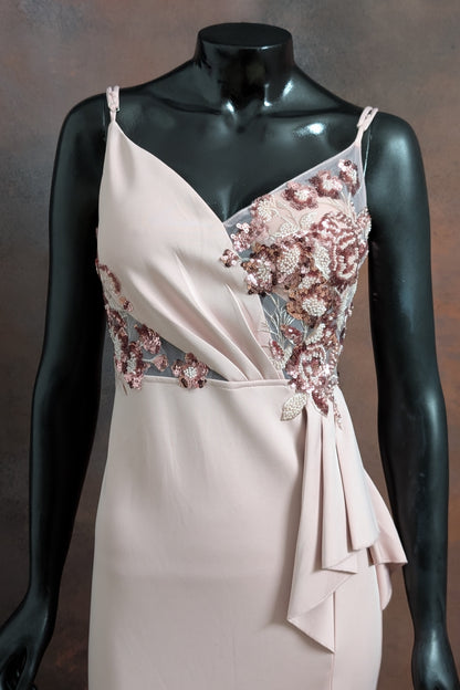 Blush Pink Floral Appliqué Wrap Gown