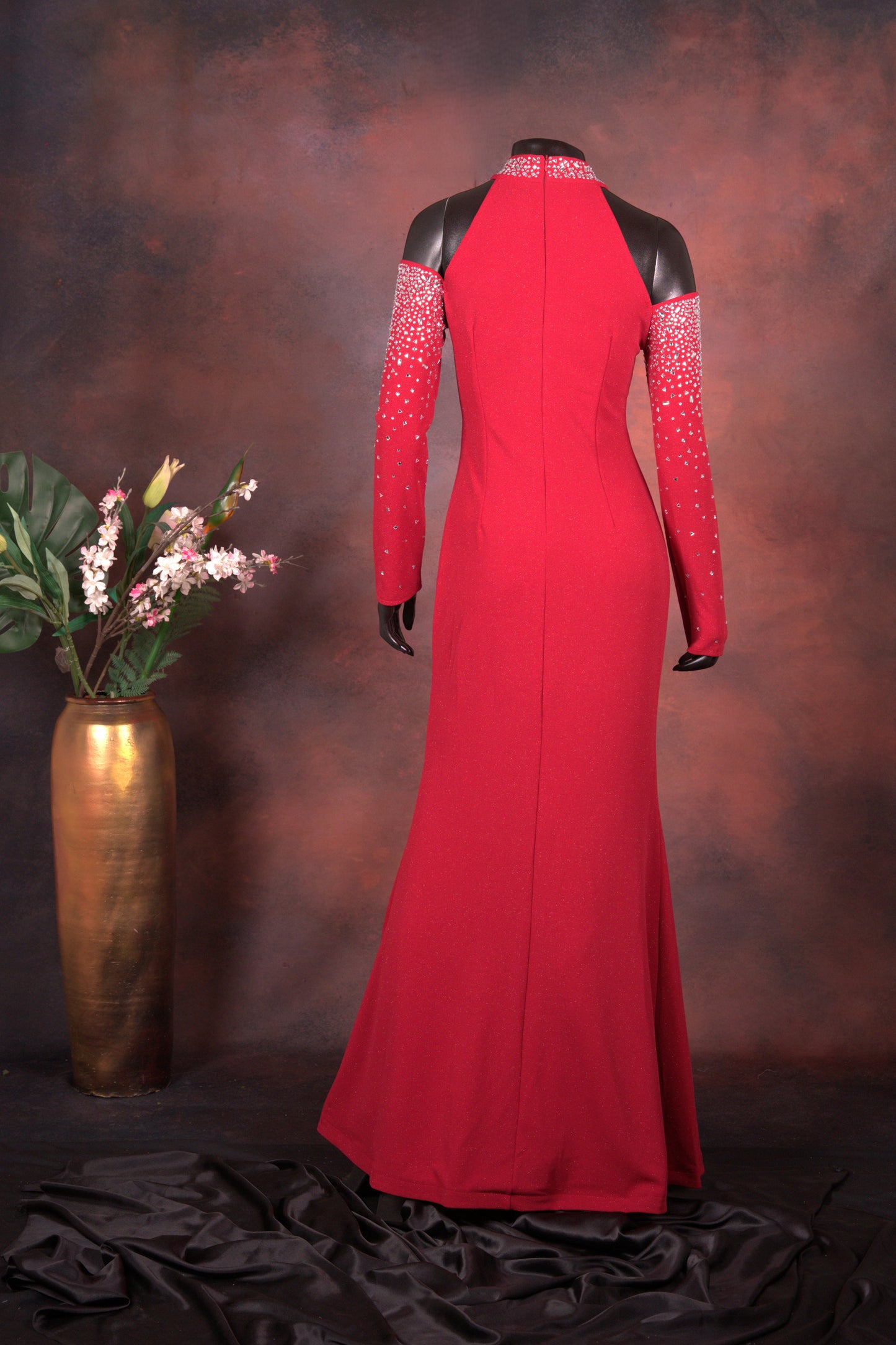 Red Embellished Cold Shoulder Gown