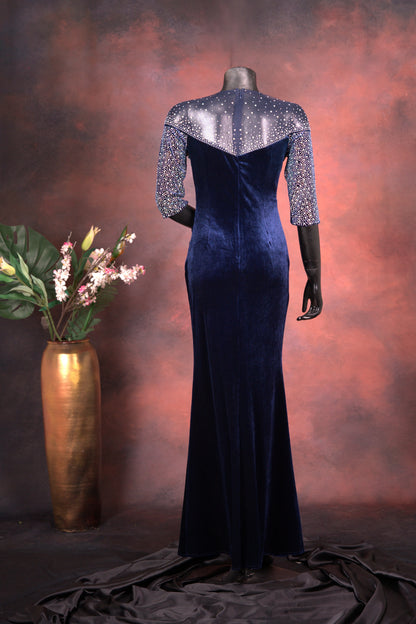 Navy Blue Velvet Embellished Gown