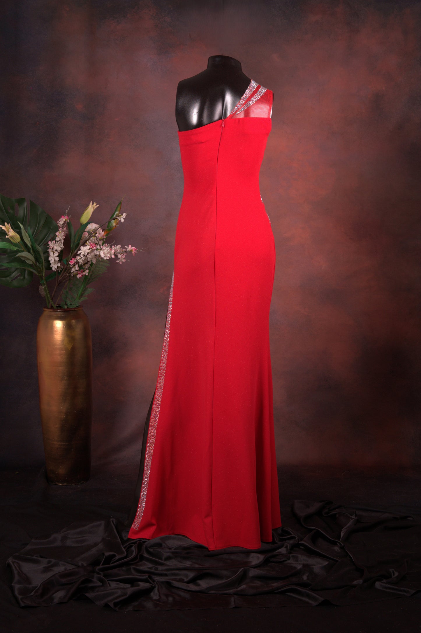 Red One-Shoulder Crystal Gown