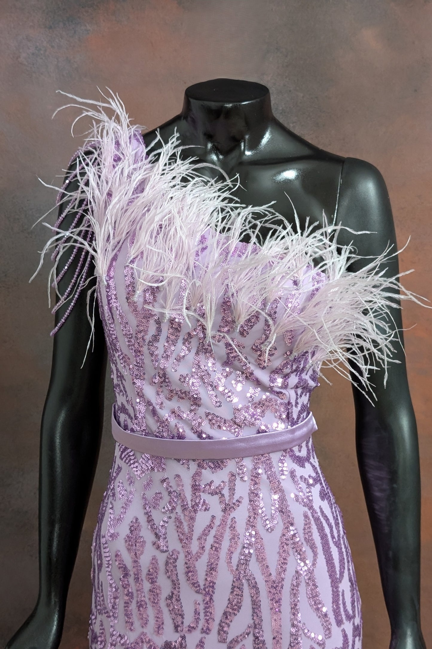 Lilac Feather-Trimmed Sequin Evening Gown