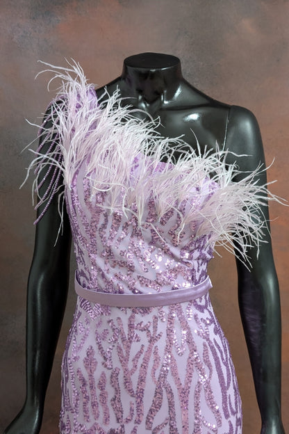 Lilac Feather-Trimmed Sequin Evening Gown
