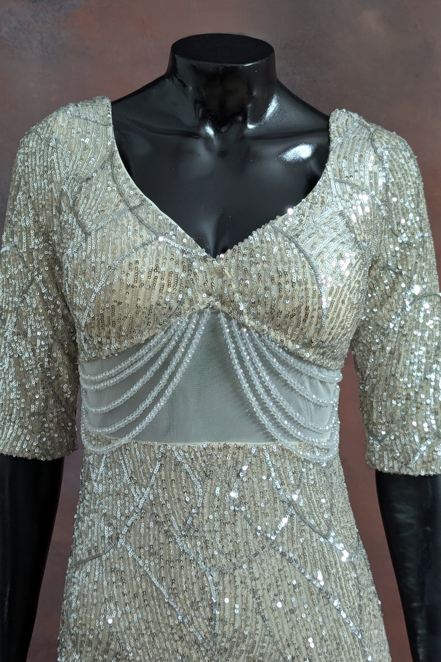 Beige Pearl Embellished Evening Gown
