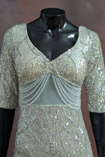 Beige Pearl Embellished Evening Gown