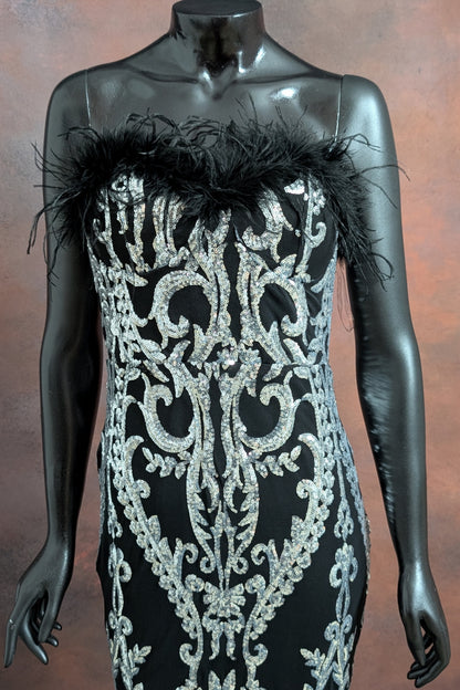 Black & Emerald Green Sequin Strapless Gown with Feather Detailing