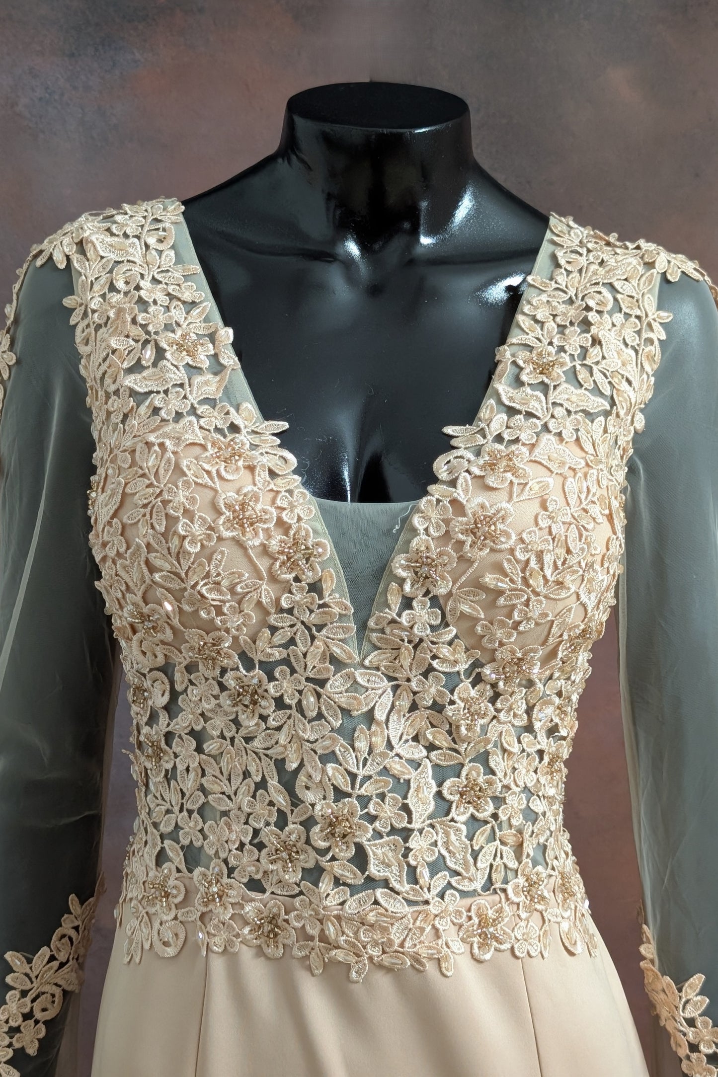 Beige Floral Lace Evening Gown