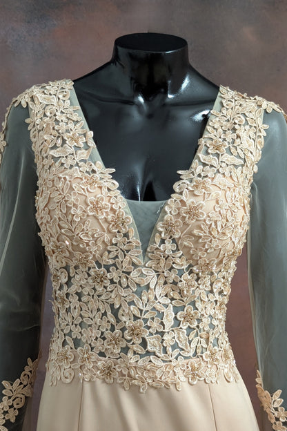 Beige Floral Lace Evening Gown