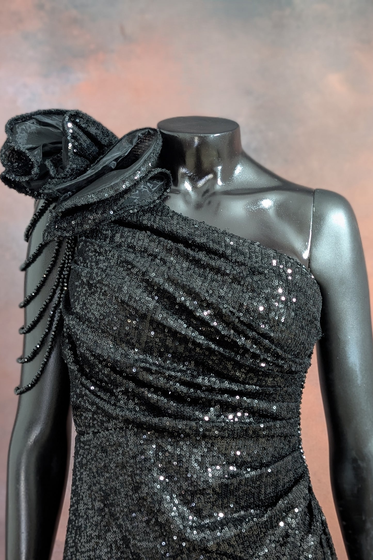 One-Shoulder Sequin Rose Detail Evening Gown