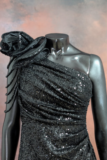 One-Shoulder Sequin Rose Detail Evening Gown