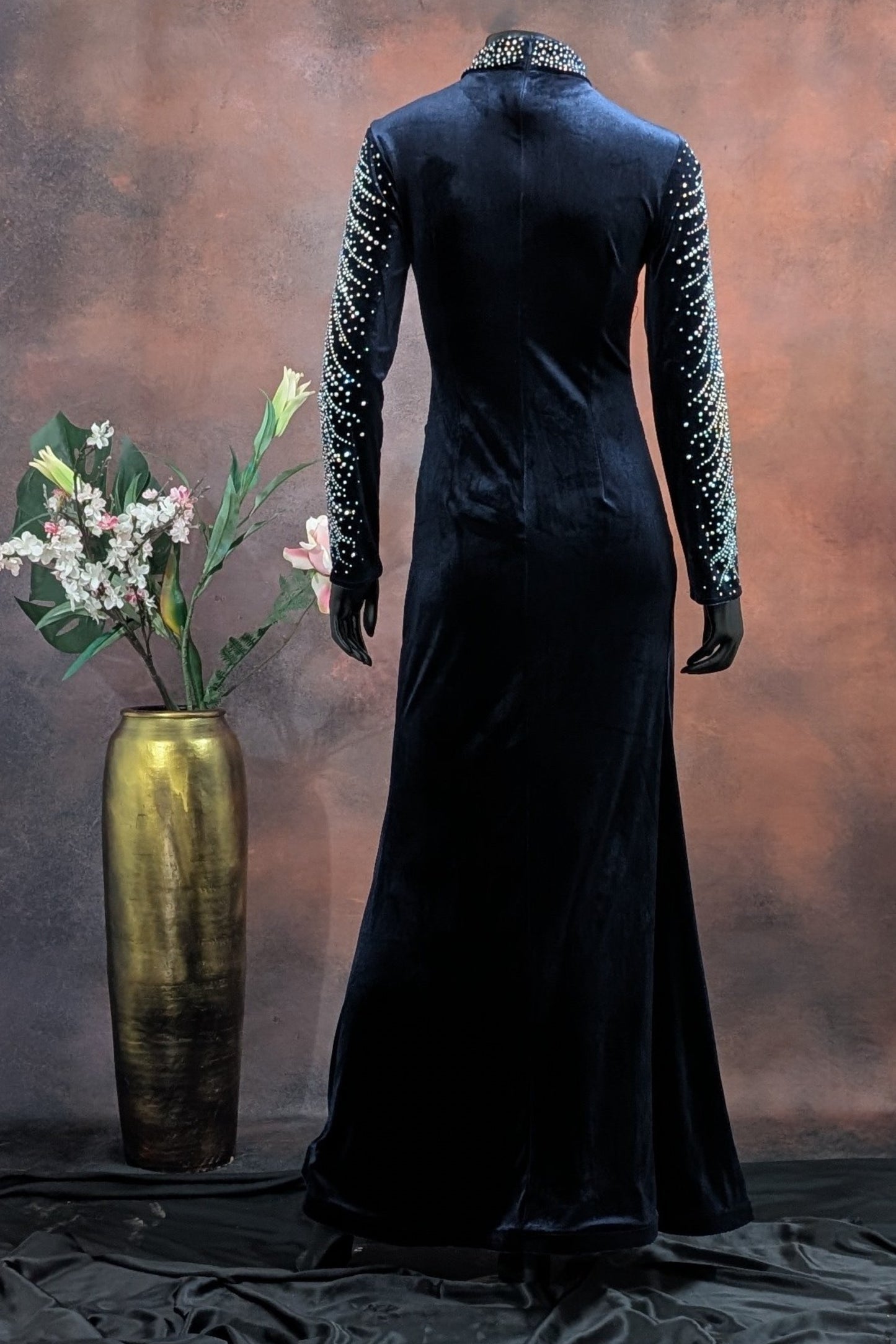 Navy Velvet Embellished High Neck Gown