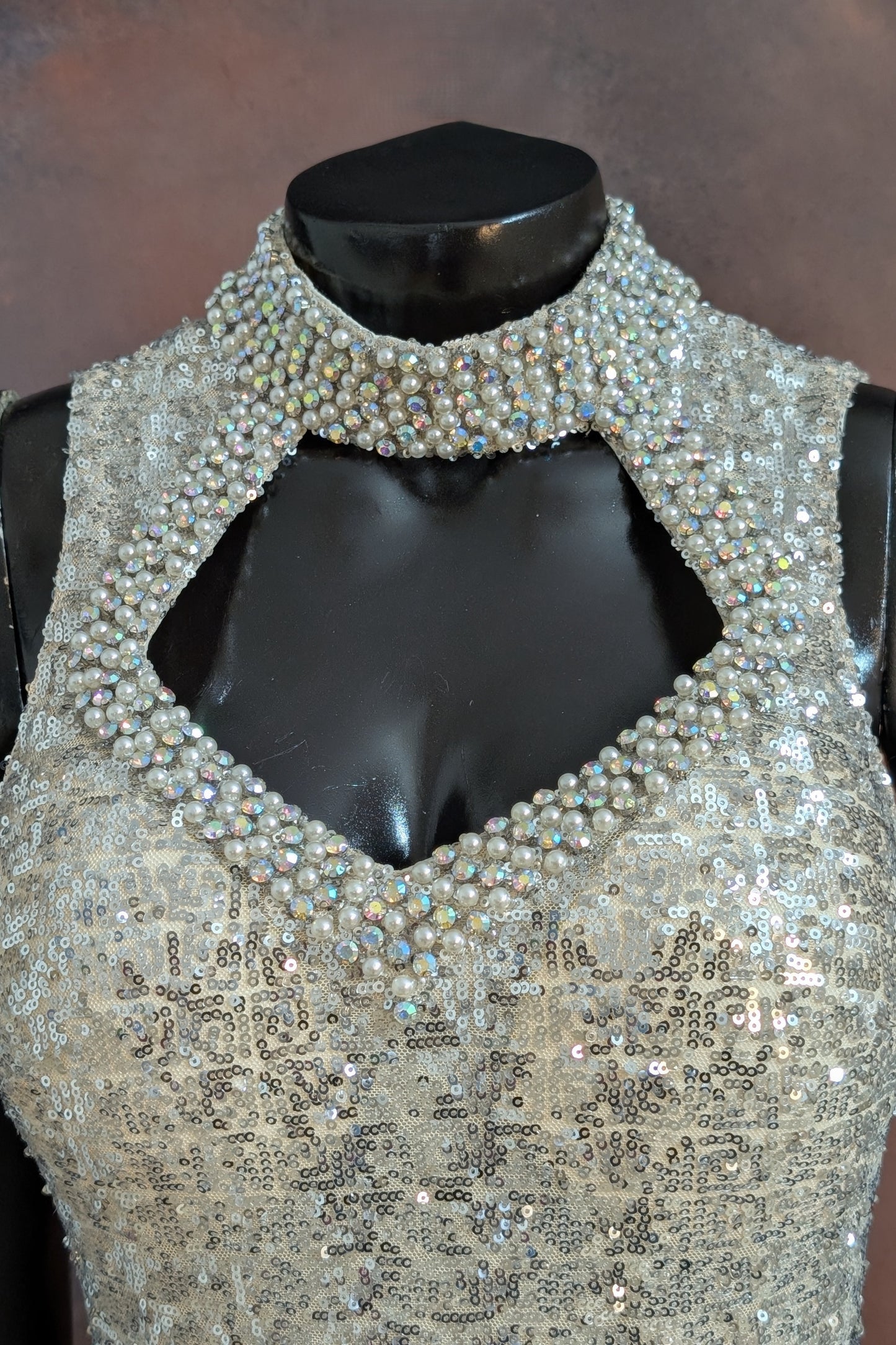 Pearl-Embellished Halter Neck Sequin Evening Gown