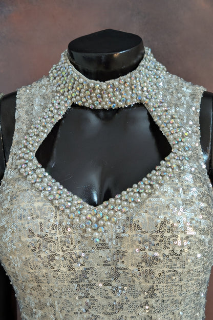 Pearl-Embellished Halter Neck Sequin Evening Gown