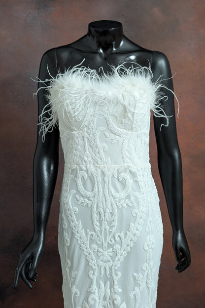 Black & Emerald Green Sequin Strapless Gown with Feather Detailing
