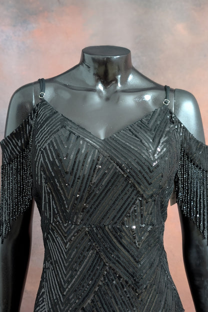 Sequin Cold-Shoulder Fringe Evening Gown