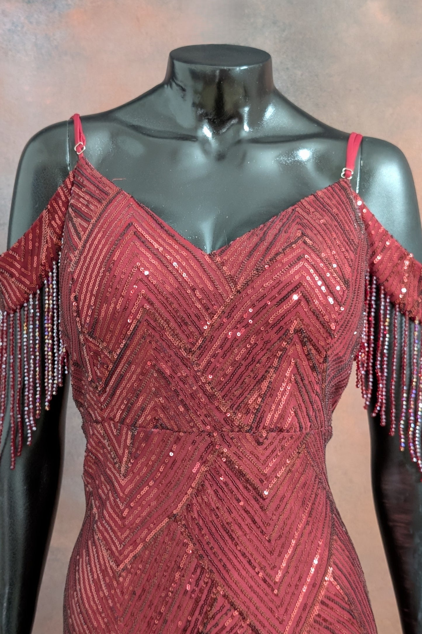Sequin Cold-Shoulder Fringe Evening Gown