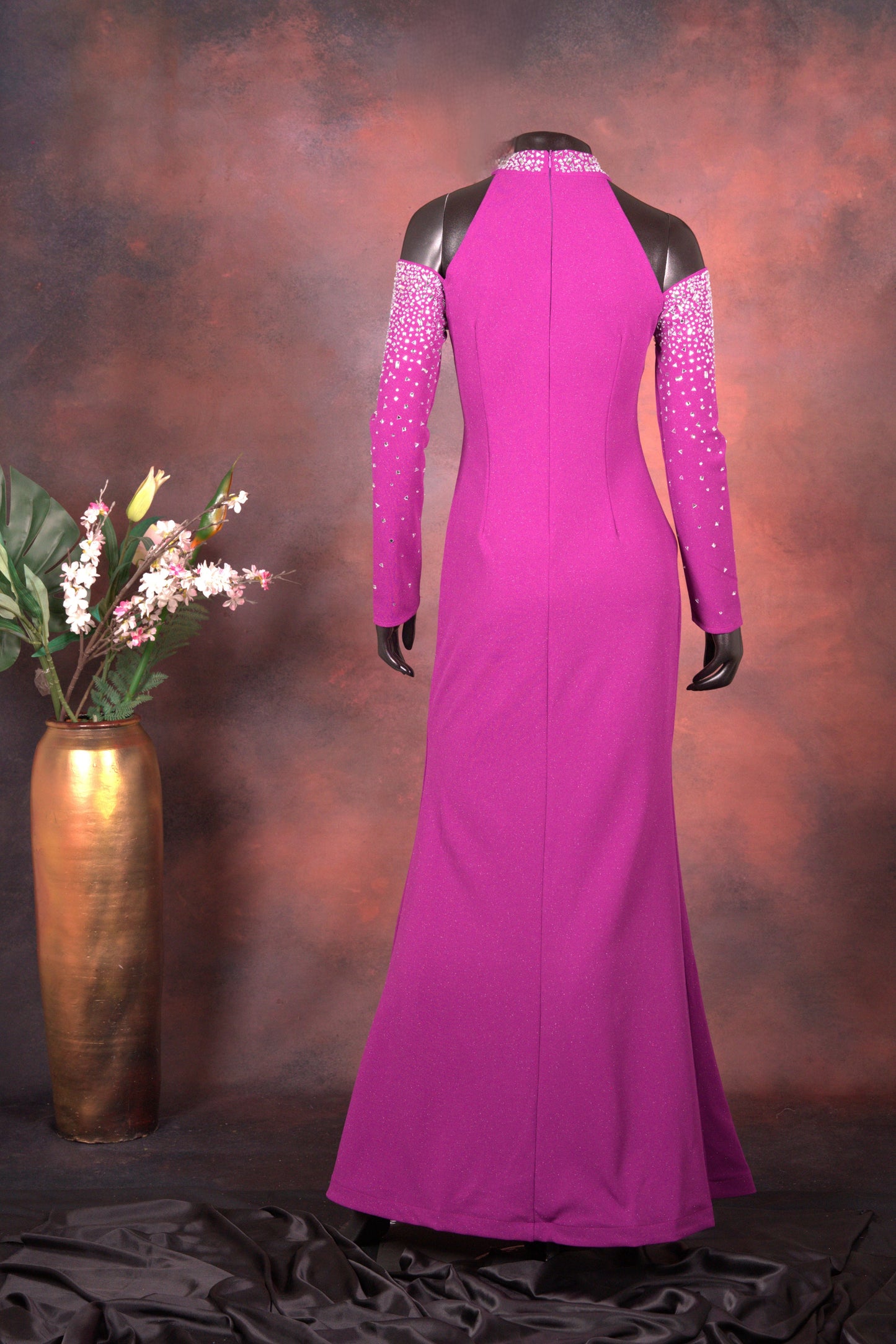 Magenta Embellished Cold Shoulder Gown