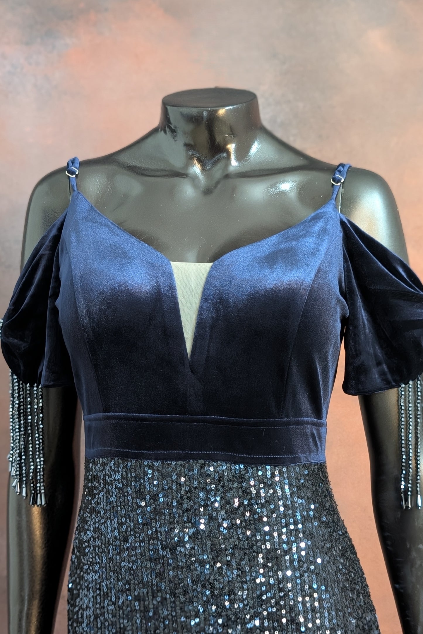 Midnight Blue Velvet & Sequin Fringe Gown