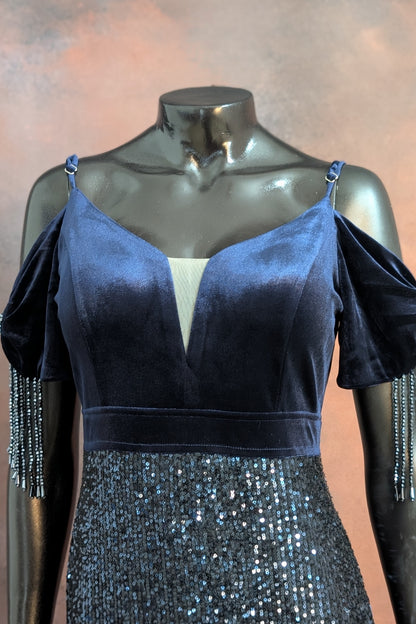 Midnight Blue Velvet & Sequin Fringe Gown