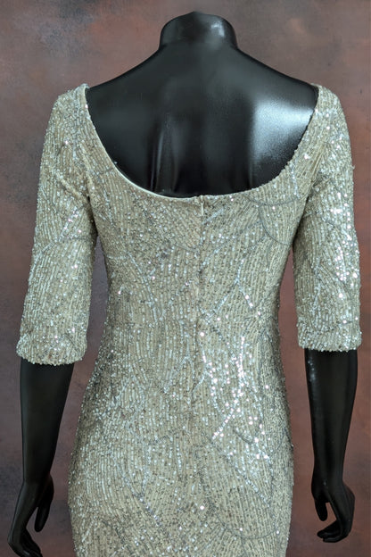 Beige Pearl Embellished Evening Gown