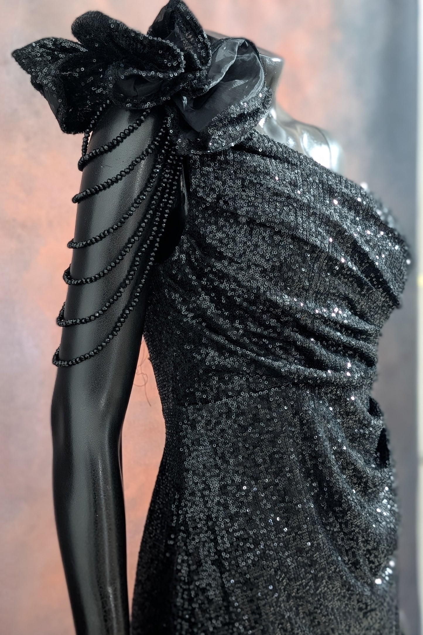 One-Shoulder Sequin Rose Detail Evening Gown