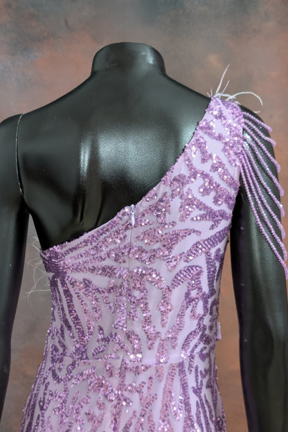 Lilac Feather-Trimmed Sequin Evening Gown