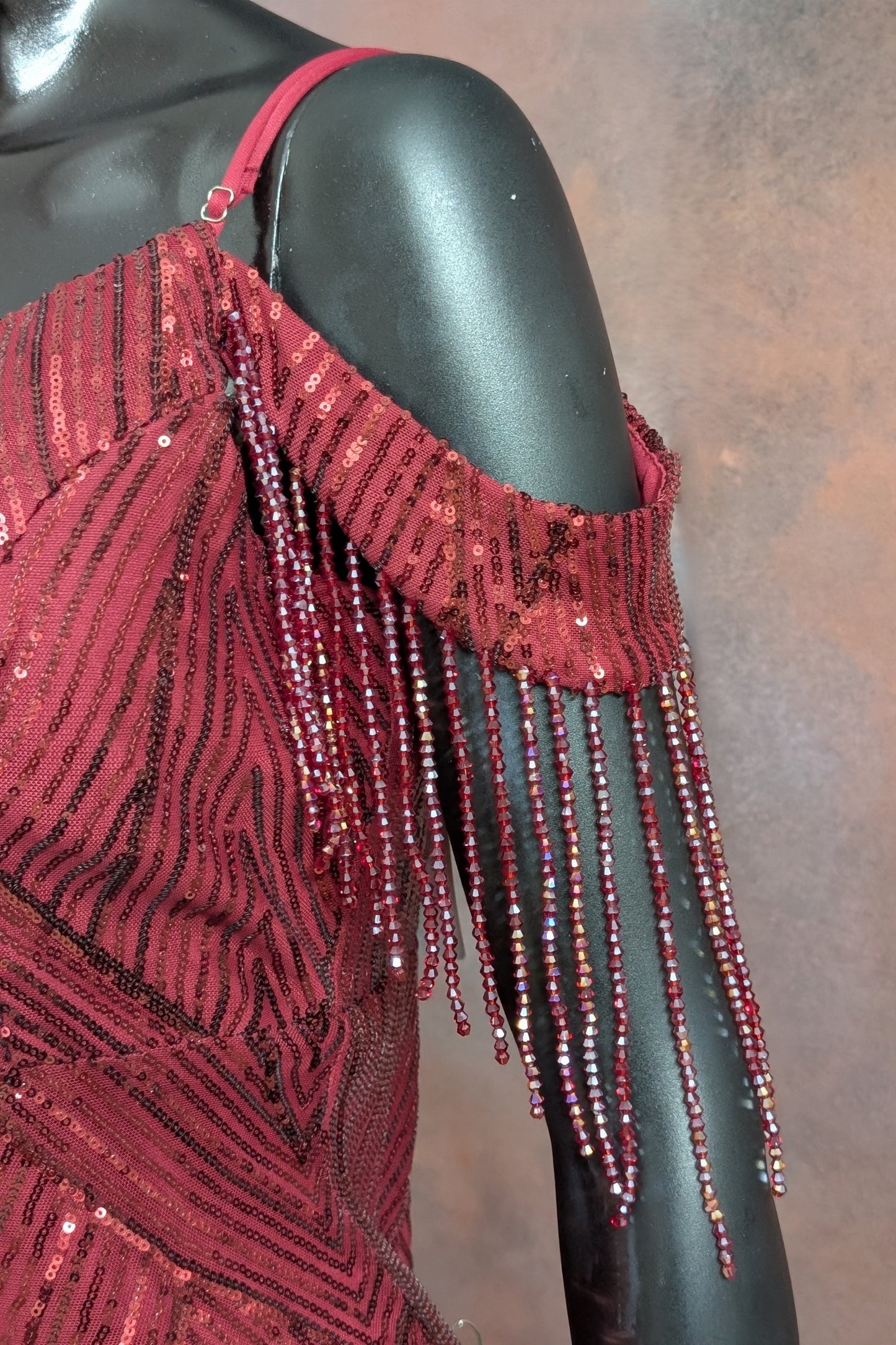 Sequin Cold-Shoulder Fringe Evening Gown