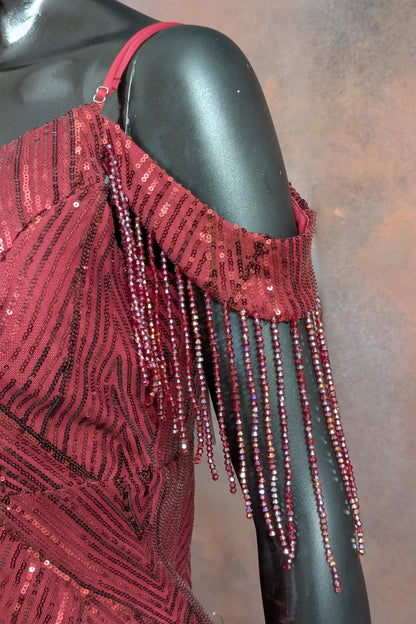 Sequin Cold-Shoulder Fringe Evening Gown