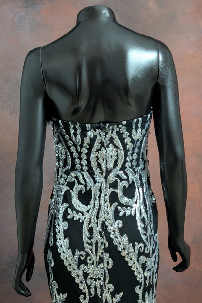 Black & Emerald Green Sequin Strapless Gown with Feather Detailing