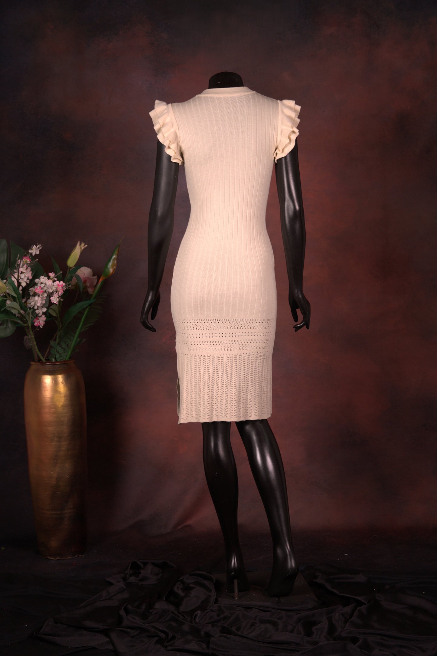 Beige Ribbed Knit Midi Dress