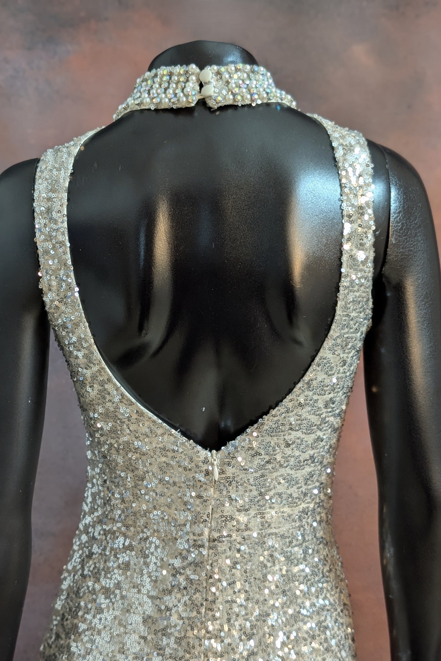 Pearl-Embellished Halter Neck Sequin Evening Gown