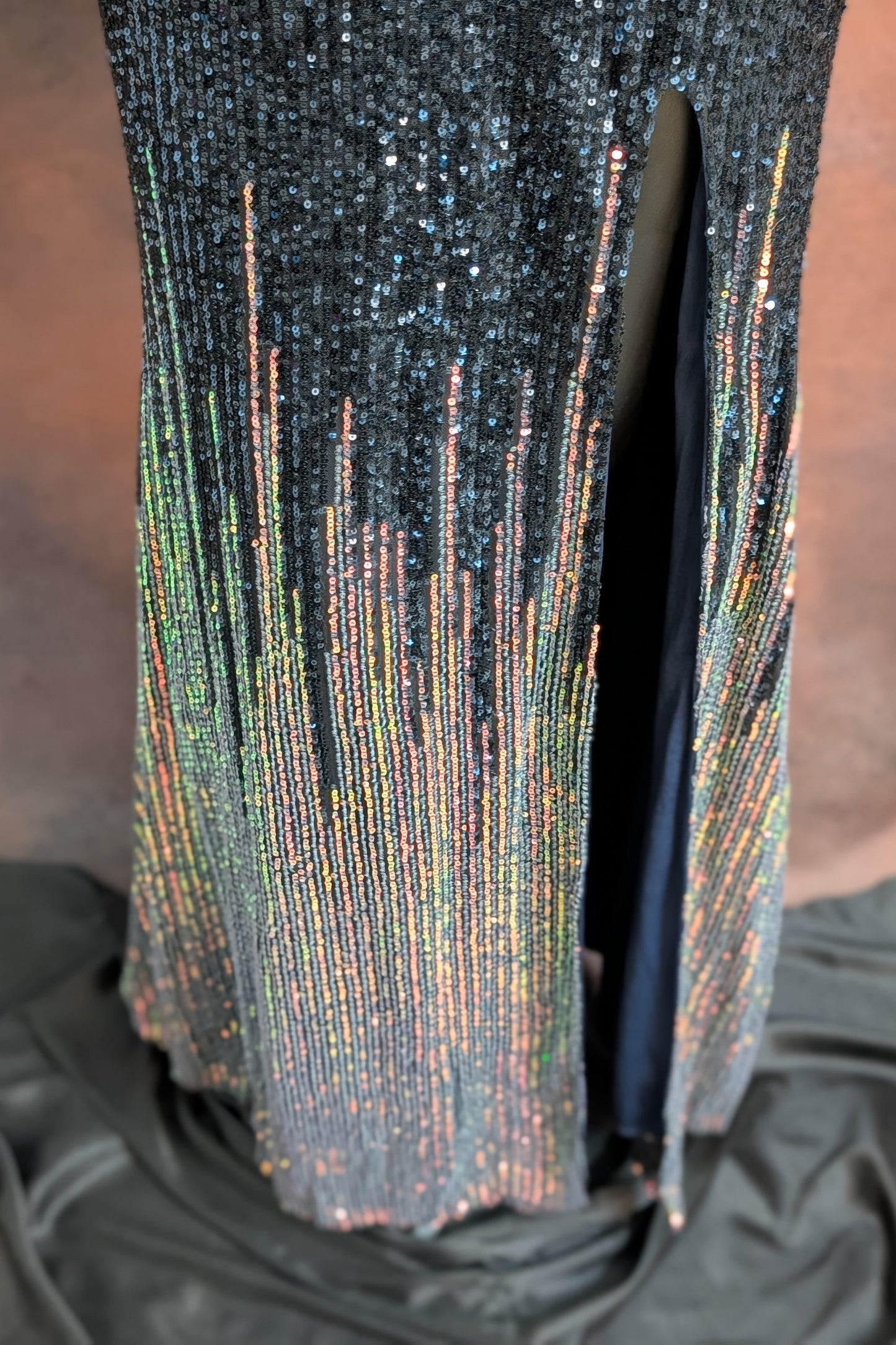 Midnight Blue Velvet & Sequin Fringe Gown