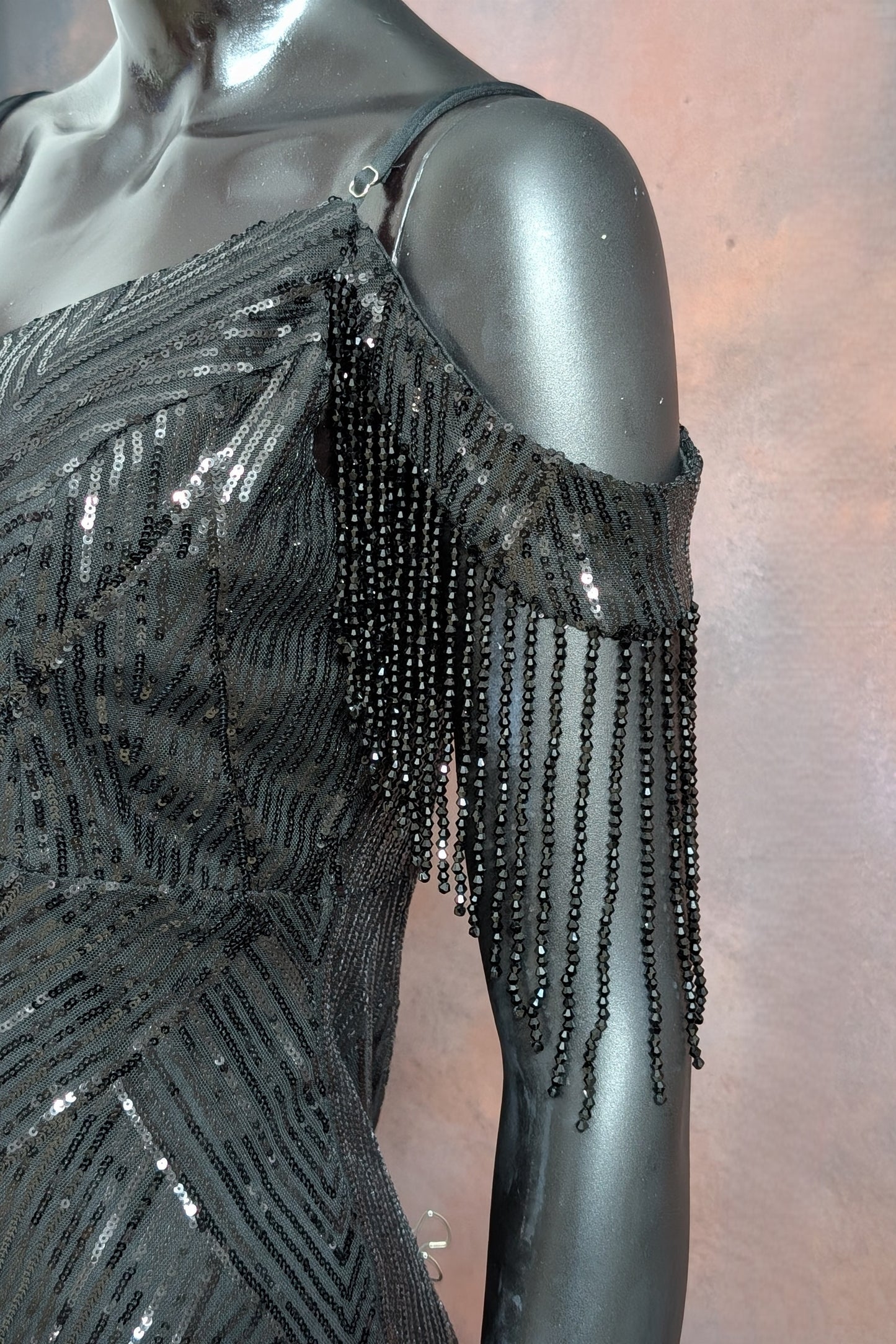 Sequin Cold-Shoulder Fringe Evening Gown