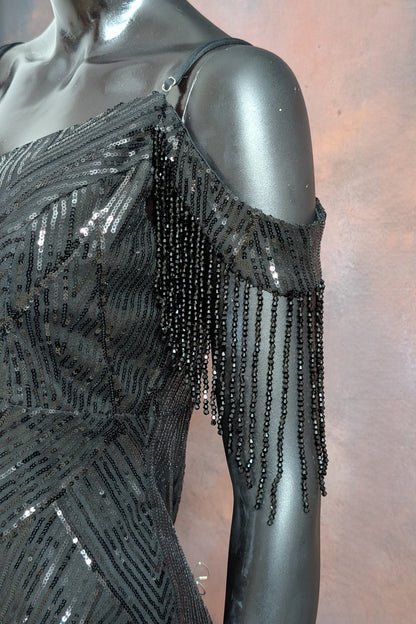 Sequin Cold-Shoulder Fringe Evening Gown