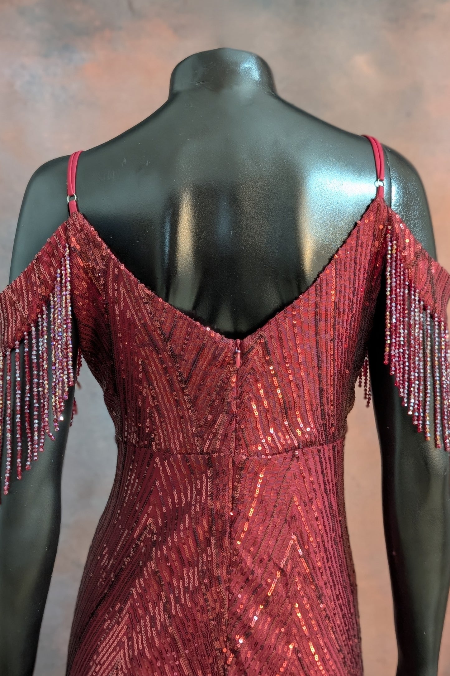 Sequin Cold-Shoulder Fringe Evening Gown