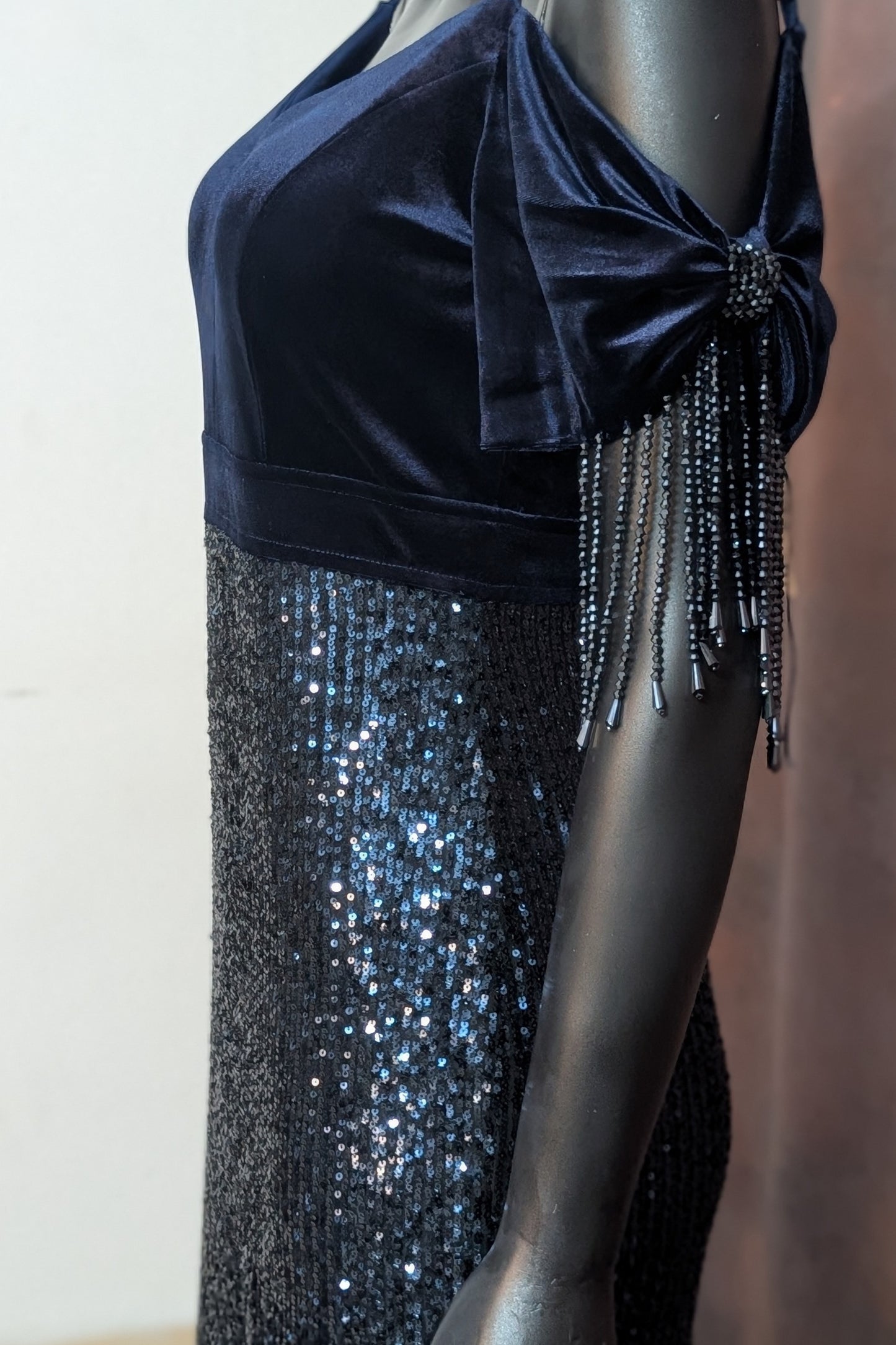 Midnight Blue Velvet & Sequin Fringe Gown