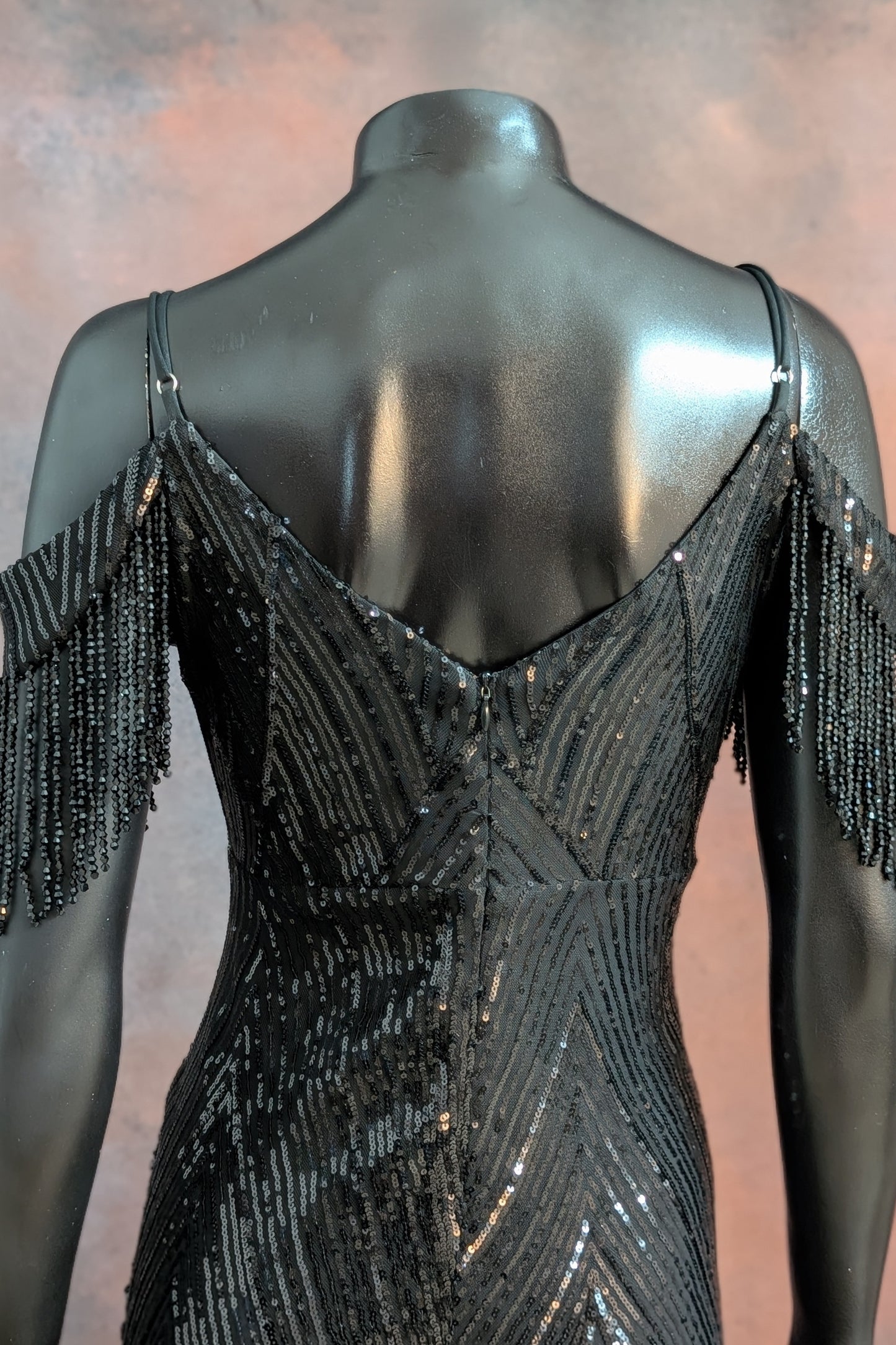Sequin Cold-Shoulder Fringe Evening Gown