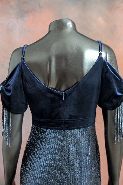 Midnight Blue Velvet & Sequin Fringe Gown