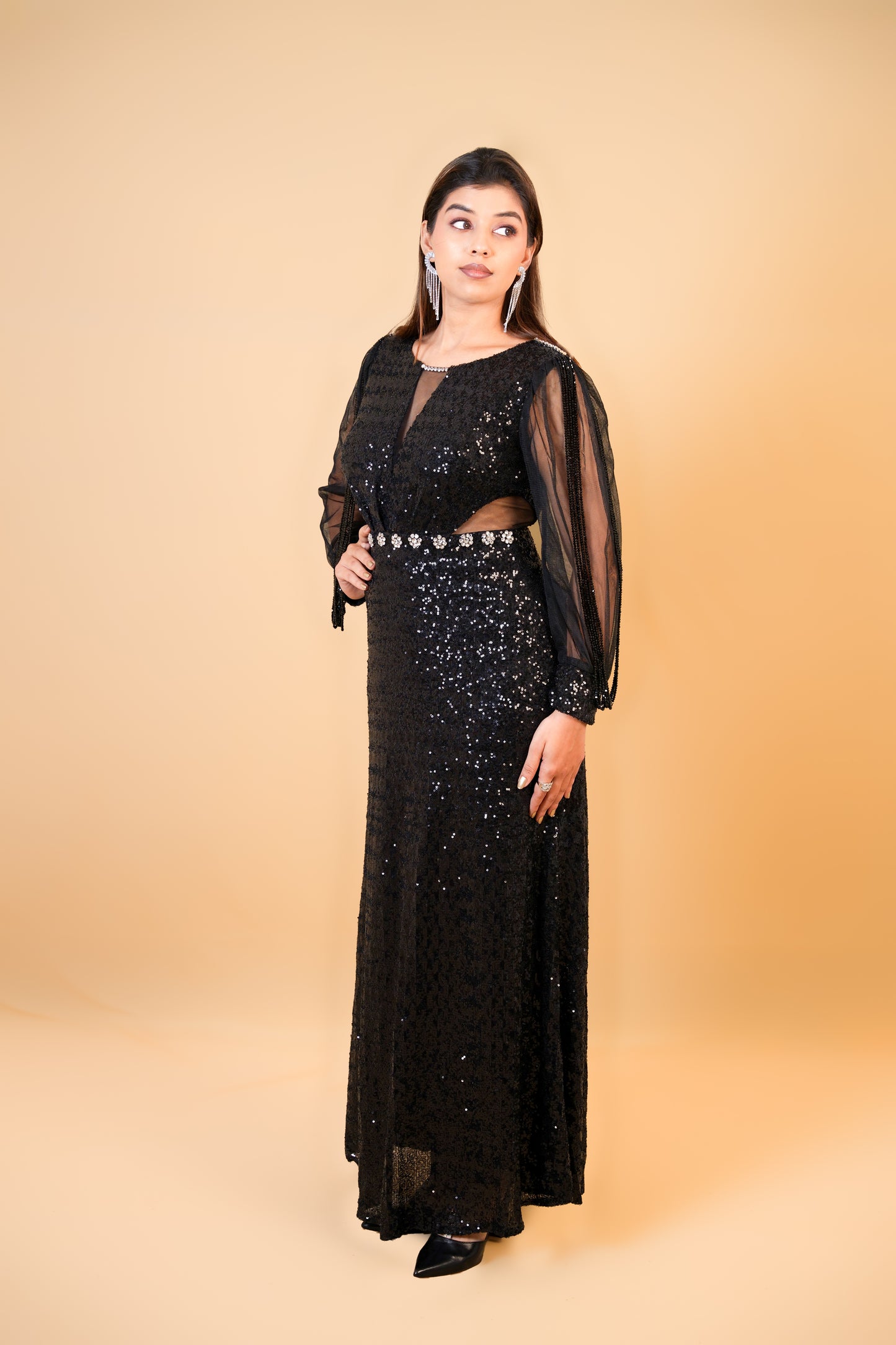 Black Sequin Gown with Sheer Sleeves