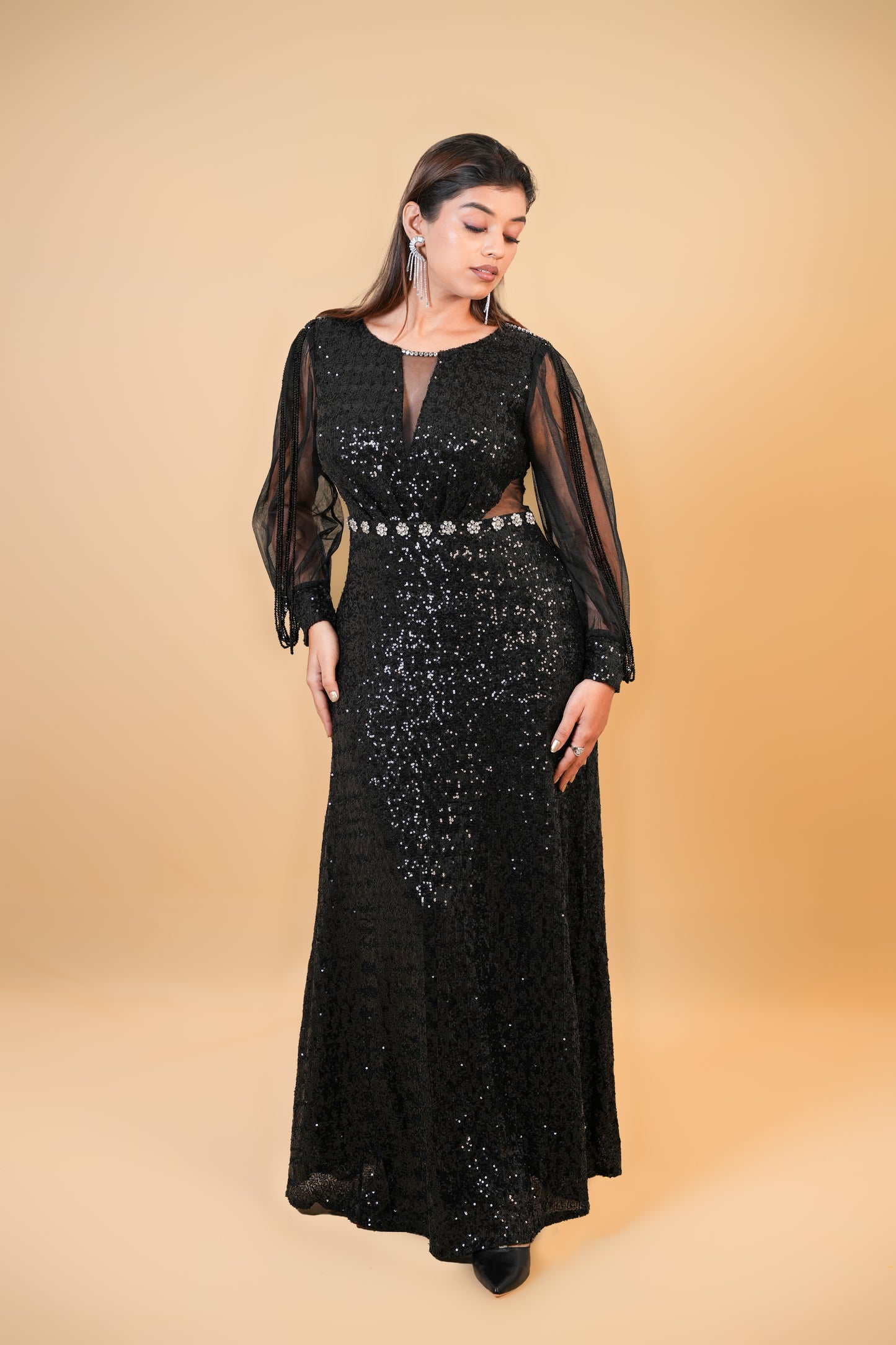 Black Sequin Gown with Sheer Sleeves