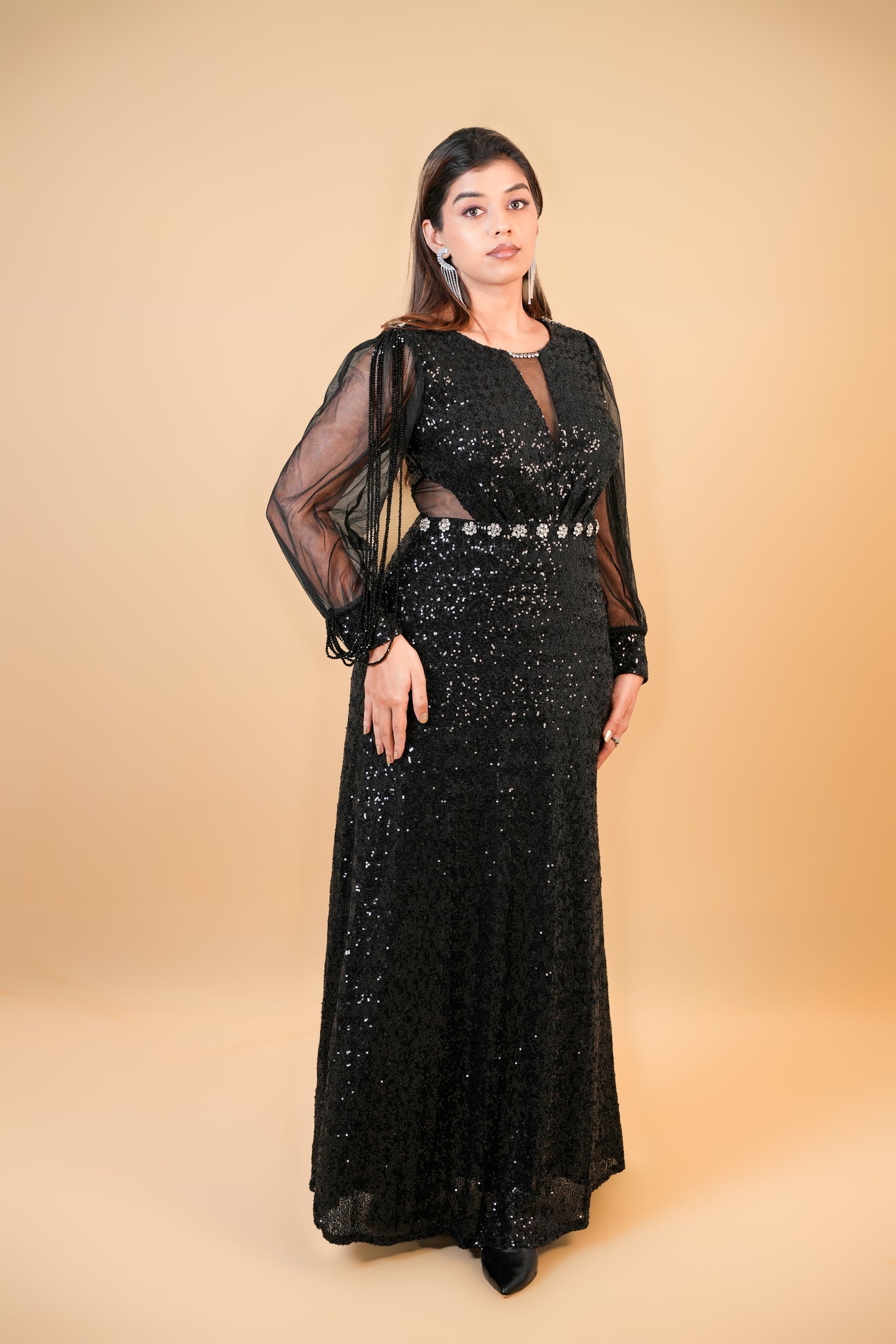 Black Sequin Gown with Sheer Sleeves