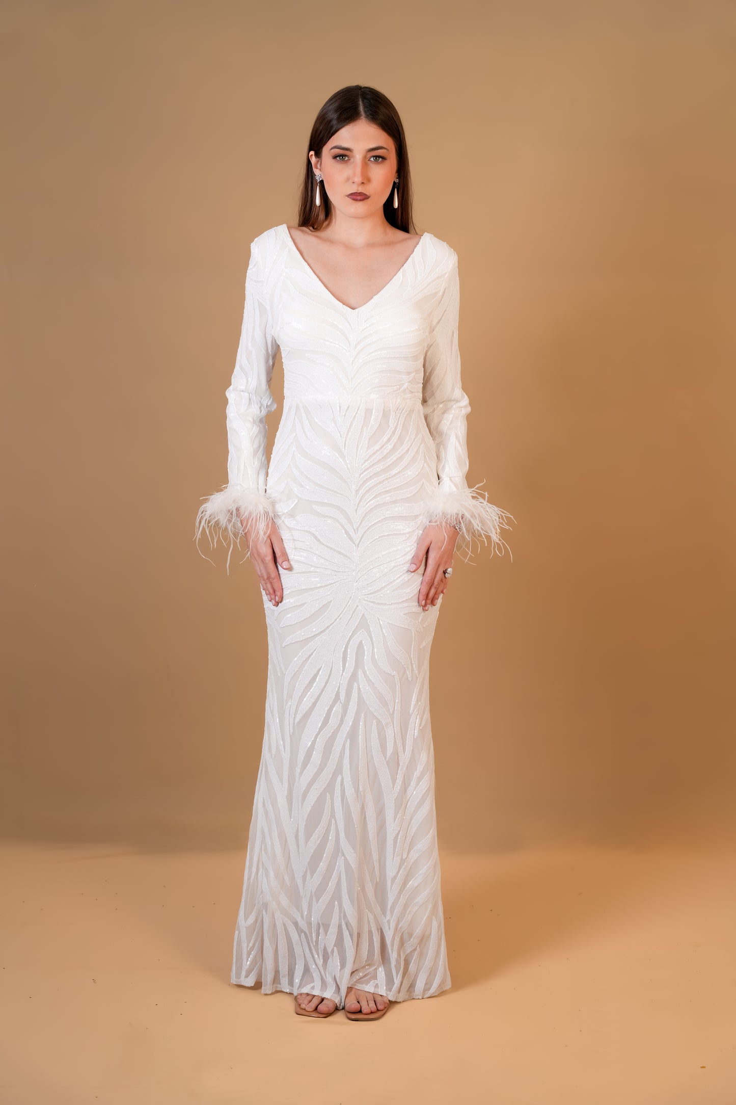 White Sequin Feather Sleeve Gown