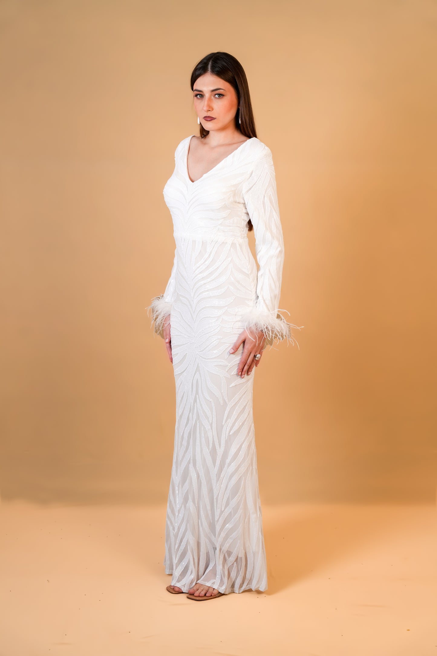 White Sequin Feather Sleeve Gown