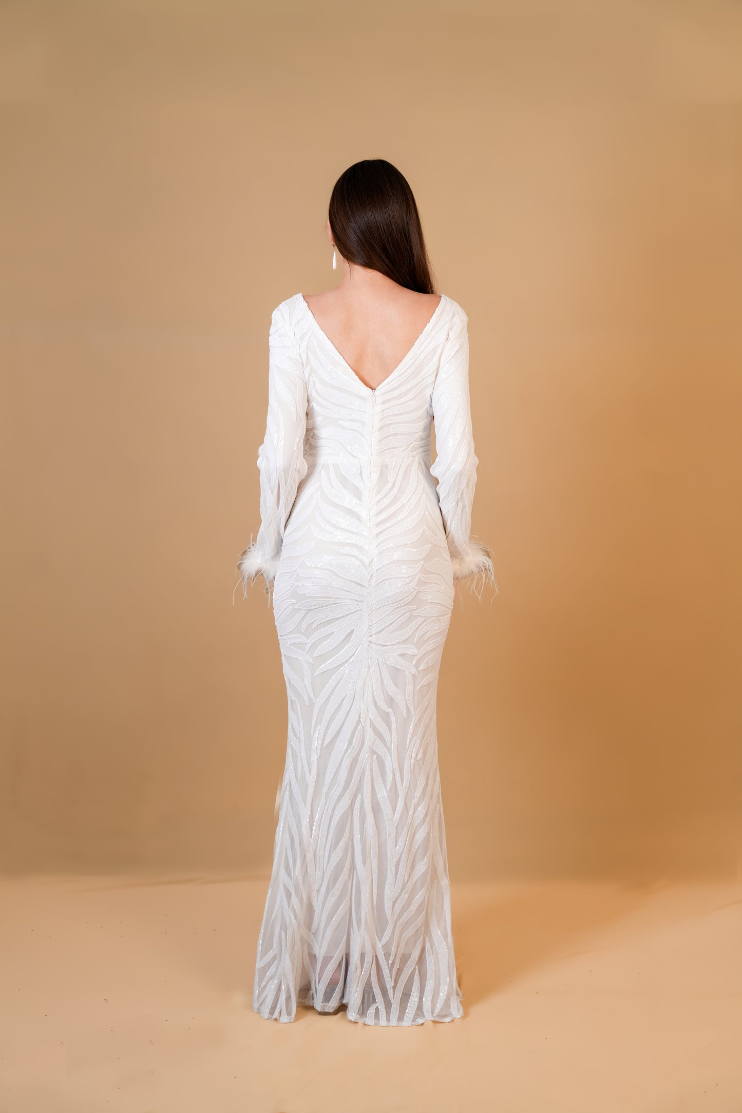 White Sequin Feather Sleeve Gown